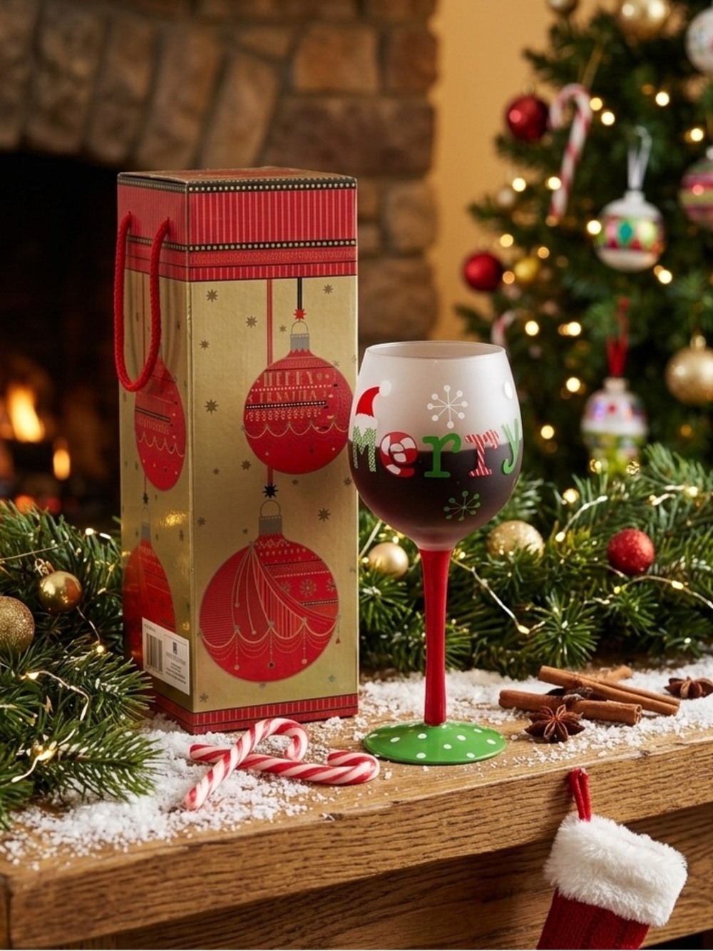 Lindy Bowman Merry Christmas Frosted Wine Glass with Designer Gift Box New